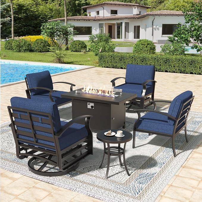 Aluminum Patio Furniture Set with Propane Fire Pit Table,4 Seats Metal Modern Outdoor Furniture w/5.1" Cushions,Patio Sectional w/Swivel Chairs for Patio,Backyard,NavyBlue