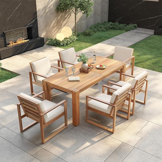 Rustic 7 Piece Patio Table and Chairs Set, Outdoor Dining Set for 6 with Umbrella Hole and Removable Cushion,for Garden Backyard Lawn Poolside (Light Teak#X)