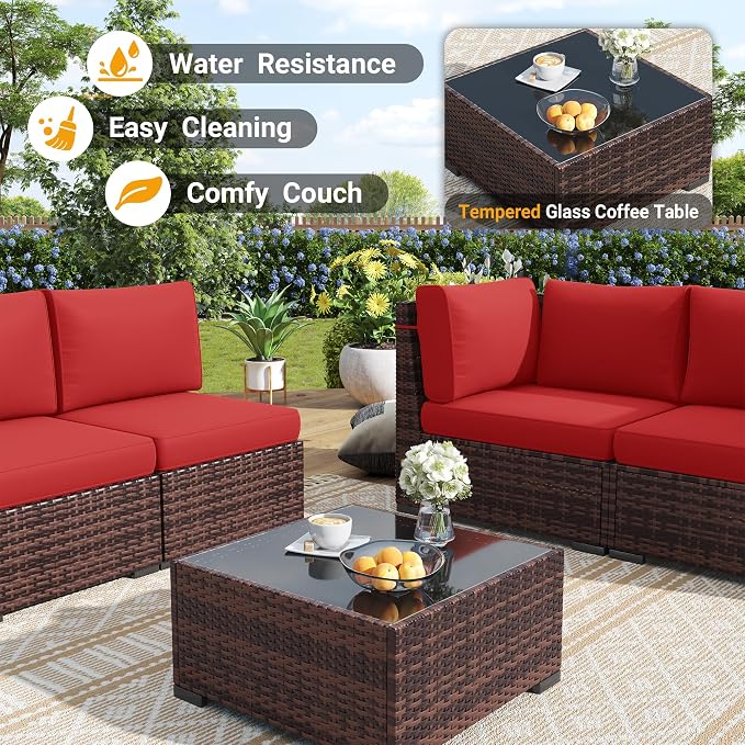 Outdoor Patio Furniture Set with 44" Fire Pit Table 8 Pieces Rattan Patio Sectional Sofa Conversation Set w/55000 BTU Propane Gas Fire Pit, Coffee Table, 2 Waterproof Covers, Red