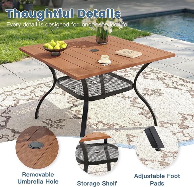 DIFY 5 Piece Outdoor Patio Dining Set for 4, 37.8" Walnut Square Metal Dining Table and Swivel Patio Chairs with Brown Padded Textilene, All-Weather Outdoor Furniture Set for Garden Backyard Porch
