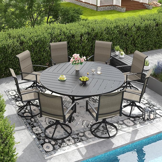 DIFY 9 Piece Outdoor Dining Set, Metal Patio Table and Chairs Set, 63" Black Round Dining Table & 8 Brown Padded Textilene Swivel Patio Chairs, Outdoor Furniture Set for Garden Backyard Porch