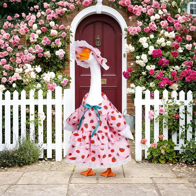 Spring Porch Goose Outfit Strawberry Porch Goose Clothes for 23 Inch Lawn Cement or Plastic Geese Statue Geese Skirt Costume with Hat Dress for Summer Outdoor Patio Yard Garden Holiday Decor
