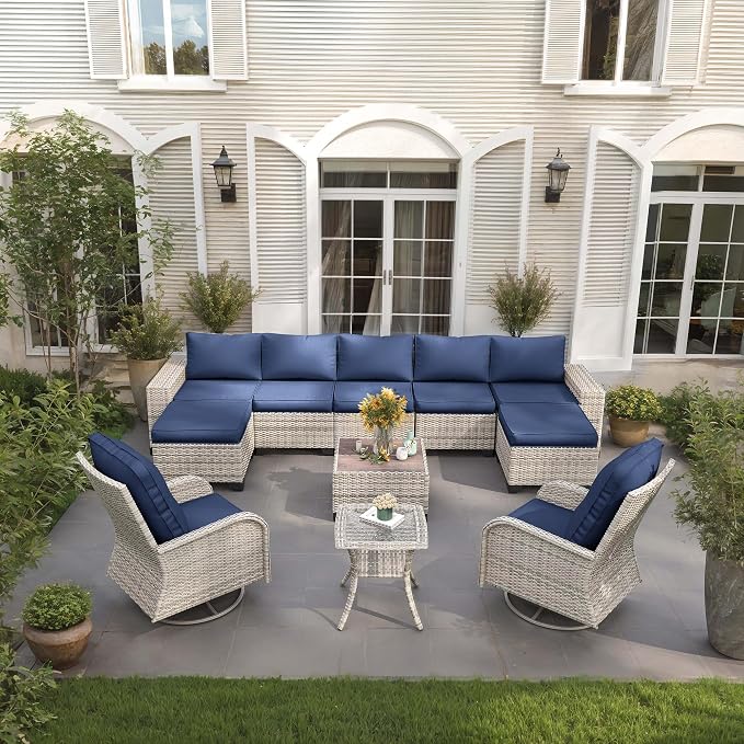 11-Piece Outdoor Patio Furniture Set with Rocking Swivel Chair Wicker Sectional Sofa Set, Patio Conversation Set with Ottomans & Coffee Table for Garden, Backyard, Poolside, Navy Blue
