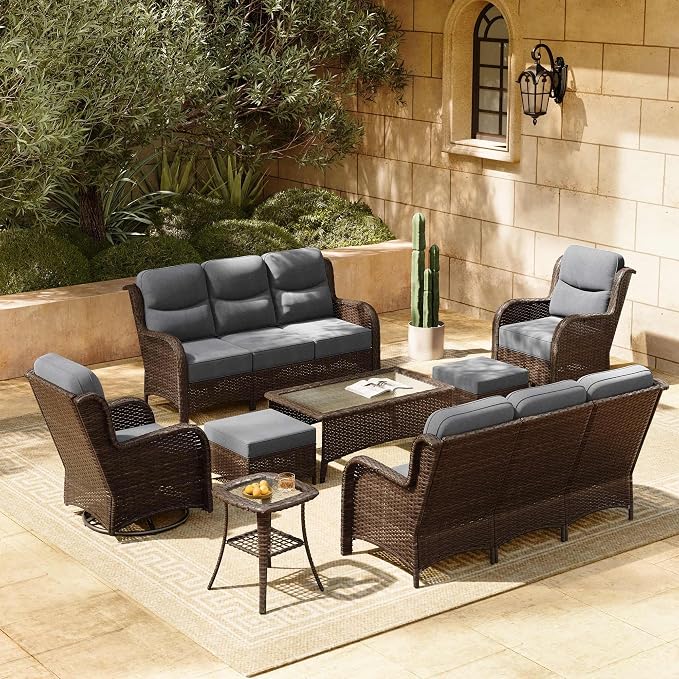 HILLGA 8-Piece Luxury Patio Furniture Set with 6" Thick Cushions, Weather-Resistant Wicker High Back Swivel Rocker Chairs, Senior-Friendly Outdoor Sofa Set for Large Deck, Yard and Poolside, Gray(V2)