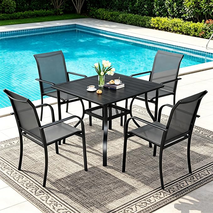 SUNCROWN 5 - Piece Outdoor Dining Set, Patio Furniture Set with 4 x Textilene Dinning Chairs and 1 Steel Slat Metal Bistro Table for Lawn Garden Backyard Deck, Grey