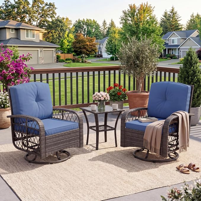 3-Piece Patio Furniture Set, 2 Swivel Rocking Chairs with 1 Rattan Side Table, Tempered Glass Tabletop, Patio Conversation Set for Deck, Porch, Garden, Poolside (Gray Wicker & Blue Cushions)