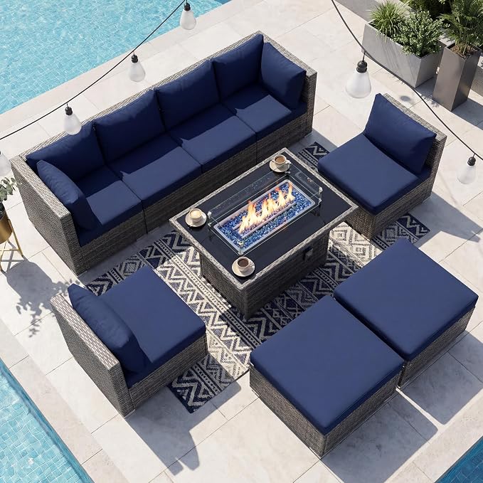 NICESOUL 9 Piece Oversized Outdoor Patio Furniture Set, 29.3'' High Back Comfy Sectional Sofa Set with Firepit Natural Gas & Propane, Deep Seating Conversation Couches, 2 Color Cushion Navy & Gray