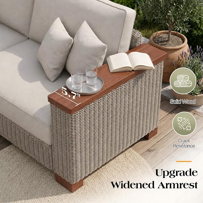 PaPaJet 7-Piece Wicker Patio Furniture Set with Solid Wood Armrest, Outdoor Patio Set with Thick Legs, UV-Resistant Modular Outdoor Sectional Sofa for Backyard, Porch, Garden