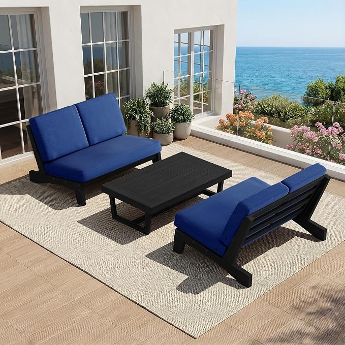 All Weather Patio Furniture Sets, 3 Pieces Black Wood Patio Loveseat Sofa Outdoor Sectional Futniture Backyard Conversation Set with Solid Wooden Coffee Table - Navy Blue