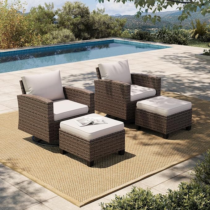 HERA'S HOUSE Patio Wicker Chairs Outdoor Swivel Rocker Chairs Set with Ottomans, 4 Piece Outdoor Seating Furniture Conversation Sets for Lawn Deck Porch Pool, Brown/Beige