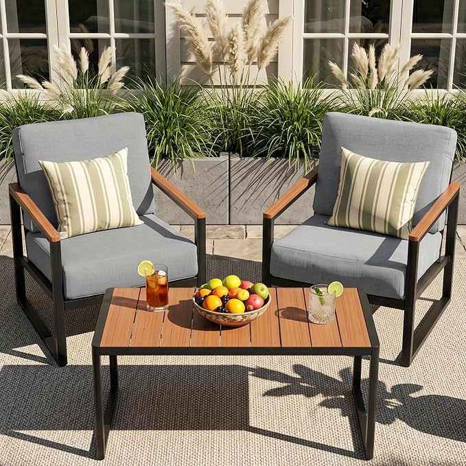 NATURAL EXPRESSIONS Aluminum 3-Piece Patio Bistro Set, Outdoor Furniture Set with 2 Armchairs and 1 Table, Fauxwood Armrest, 6" Olefin Cushion, All-Weather Patio Chair for Porch, Yard, Balcony, Deck