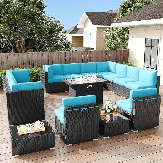 LayinSun 15 Pieces Patio Furniture Set with Fire Pit Table, Black Rattan Modular Sectional Patio Conversation Sofa Set