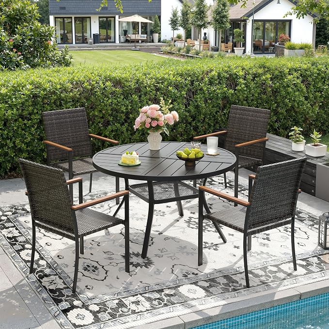DIFY 5 Piece Patio Dining Set for 4, Wicker Stackable Patio Chairs & 40.6" Round Black Metal Dining Table with Umbrella Hole, All Weather Outdoor Table and Chairs Set for Deck Garden Backyard