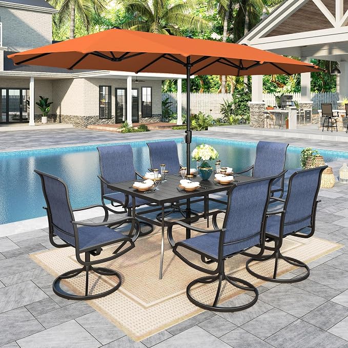 Sophia & William Patio Set with Umbrella 8 Pieces Outdoor Dining Set for 6 with 13ft Umbrella Orange Red, 6 x Blue Swivel Patio Chairs with 59" Dining Table for Lawn Garden (No Umbrella Base)