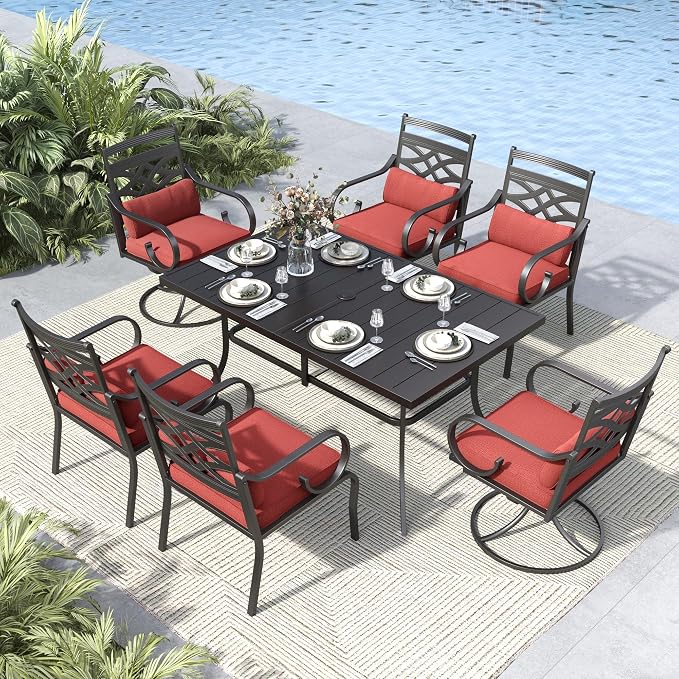 MFSTUDIO 7 PCS, Patio Dining Set, 59"×35", 4 Swivel Chairs, Umbrella Hole | Red, Steel, Metal, E-coated frame