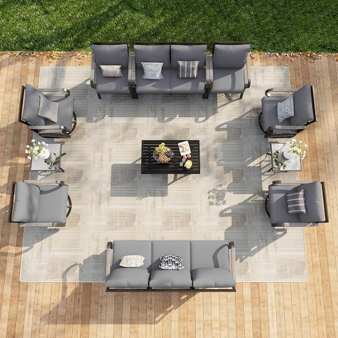 11-Piece Patio Conversation Sets, All Weather Metal Outdoor Furniture Set Includes 3-Seater 4 Swivel Rockers with 2 Side Tables 1 Loveseat with Coffee Table 2 Single Chairs for Backyard Porch, Gray