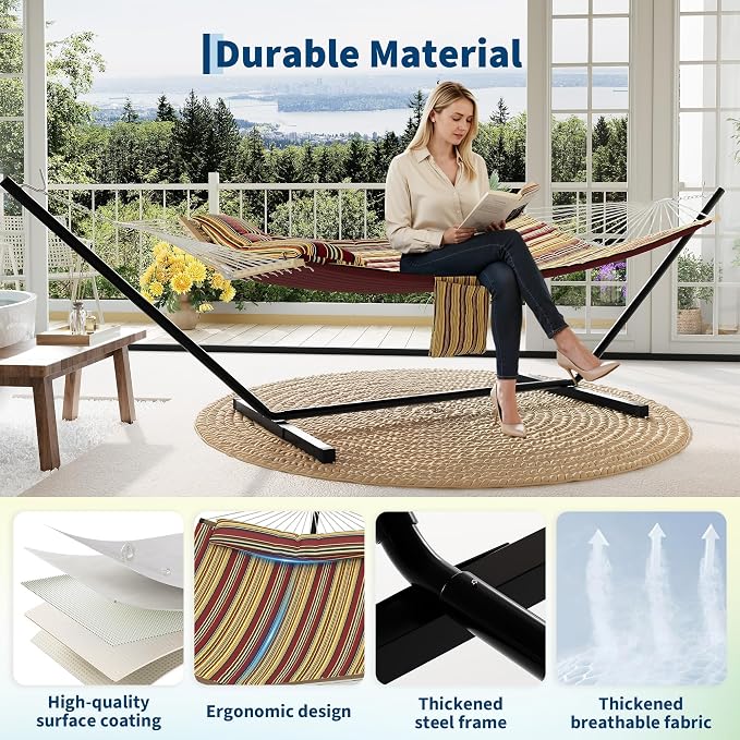 2-Person Double Hammock with Adjustable Steel Stand and Pillow, Durable Portable Outdoor Hammock Set, Supports Up to 450LBS for Patio, Garden, Beach, Backyard