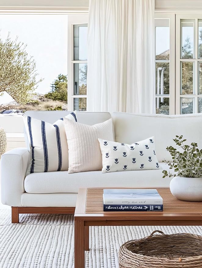 Coastal Linen Indoor Outdoor Lumbar Pillow Cover Only, 12"x20" Water Repellent for Patio, Backyard, Couch, Neutral Dark Navy Floral