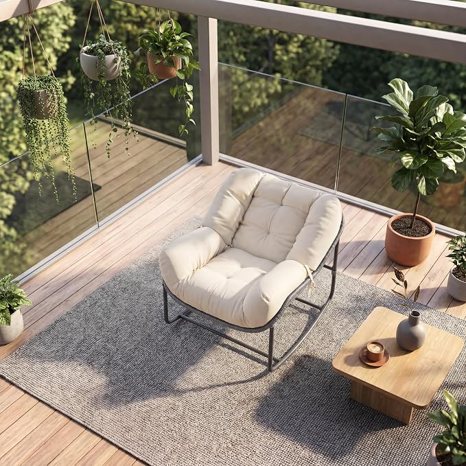 GarveeLife Outdoor Lazy Rocking Chair, Single Metal Rocker with Comfortable Seat, Beige, for Patio Porch Balcony, Relaxation