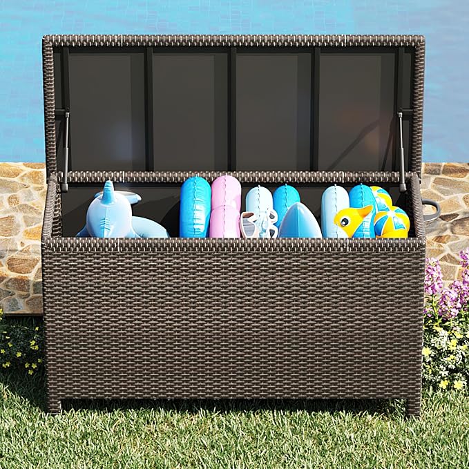 Wicker Deck Box, 185 Gallon All-Weather Outdoor Storage Box, Rattan Storage Bin for Patio Furniture, Outdoor Cushions, Pool Storage and Garden Tools, Brown