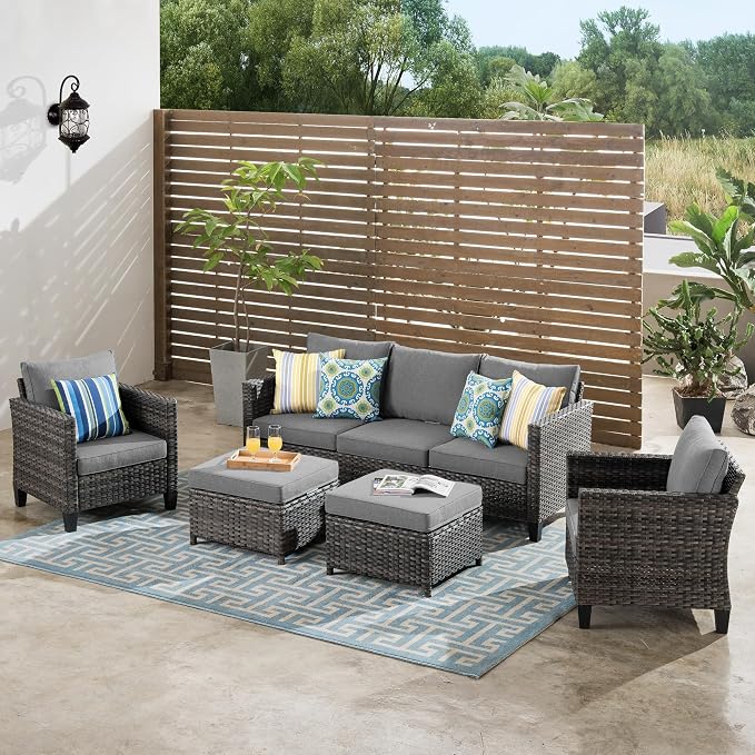 ovios 5 Pieces Patio Furniture Set, Outdoor Wicker Sofa Couch with Chairs Comfy Cushions, All Weather Grey Rattan Conversation Set for Backyard Deck Porch, Dark Grey
