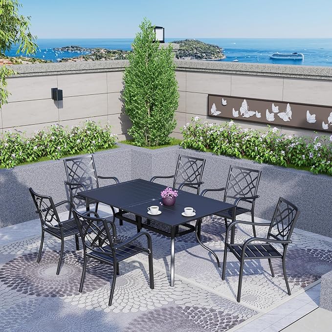 Oakcloud 7-Piece Patio Dining Set with Brown Umbrella, Outdoor Metal Furniture Dining Table Set 6 Stackable Patio Dining Chairs and Rectangle Dining Table with Umbrella Hole