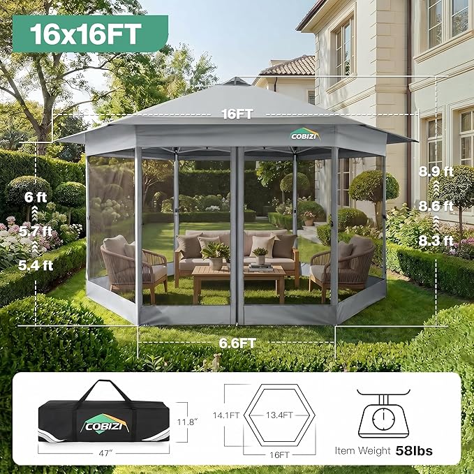 COBIZI 16x16 Pop up Gazebo on Clearance, Hexagonal Outdoor Canopy Tent with Mosquito Netting，Adjustable Height and 256 Square ft of Shade for Party, Backyard, Gardens with Vented Top（Gray）