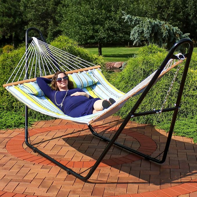 Sunnydaze Quilted Double Hammock with Stand for Outside - 440 lb Capacity Universal Black Steel Stand - UV Resistant, Quick Dry Fabric - Pillow, Chains, and Hardware Included - Blue and Green