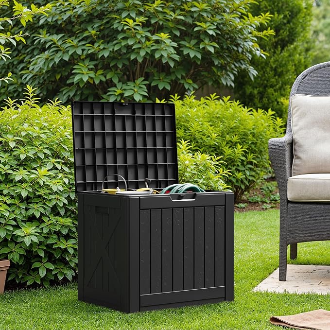 Flamaker Resin Deck Box 40 Gallon Waterproof Outdoor Indoor Storage Box Imitation Wood Resin for Patio Furniture Garden Tools and Pool (Black)