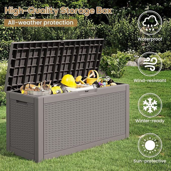 Outdoor Storage Box, 72 Gallon Resin Deck Boxes Outdoor Waterproof For Patio Furniture, Garden Tools, Pool Supplies, Lockable And UV Resistant (Rattan Gray)