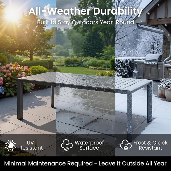 11-Piece Outdoor Dining Set, 95" Patio Table and Stackable Armchairs | Aluminum Frame Adjustable Umbrella Hole & All-Weather Wood Grain Tabletop for Garden, Patio, Backyard (Grey)