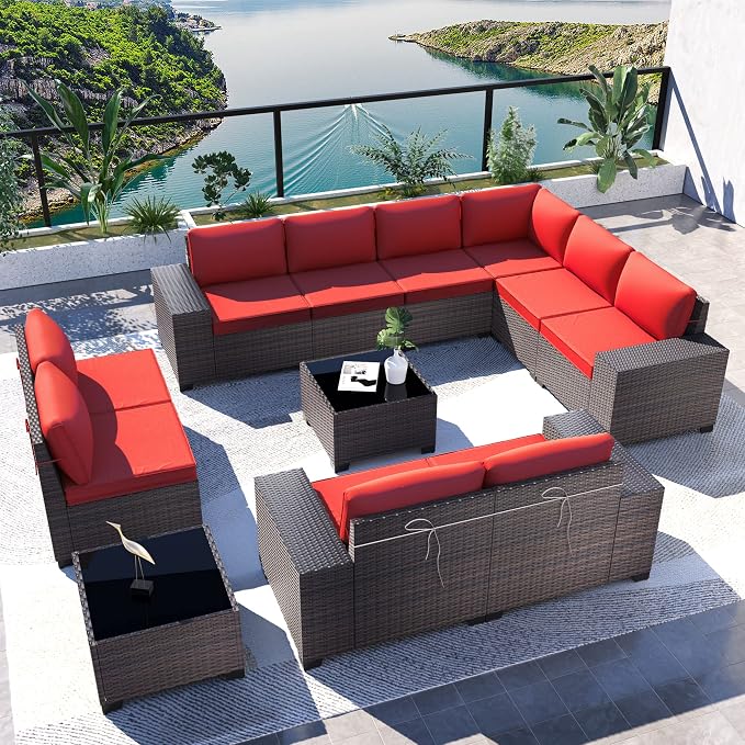 Kullavik Outdoor Patio Furniture Set 12 Pieces Sectional Rattan Sofa Set Brown PE Rattan Wicker Patio Conversation Set with 10 Red Seat Cushions and 2 Tempered Glass Table