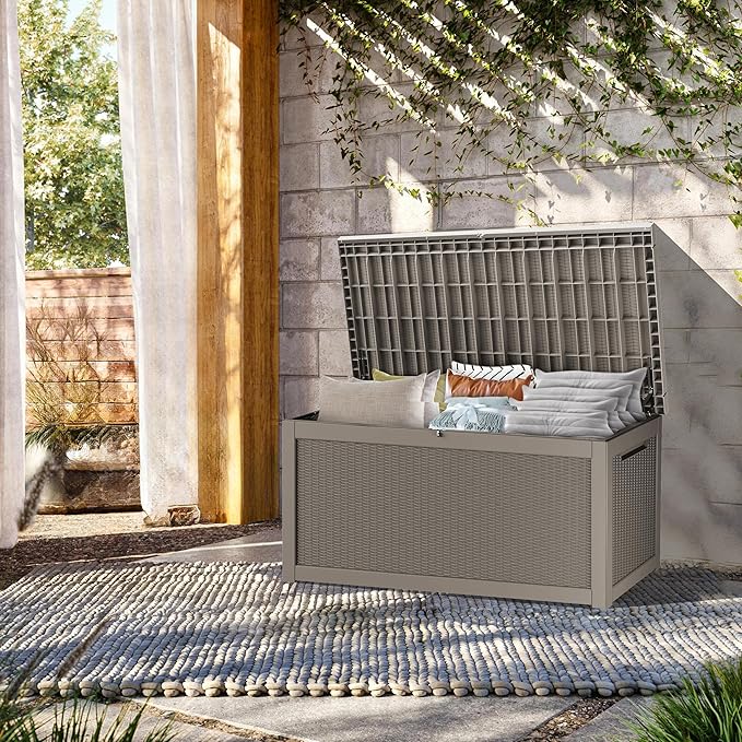 TARKARI 320 Gallon Outdoor Storage Box Waterproof, Resin Deck Boxes with Lockable Lid & UV-Resistant for Patio, Pool, Garden Furniture Cushions & Accessories, Coffee