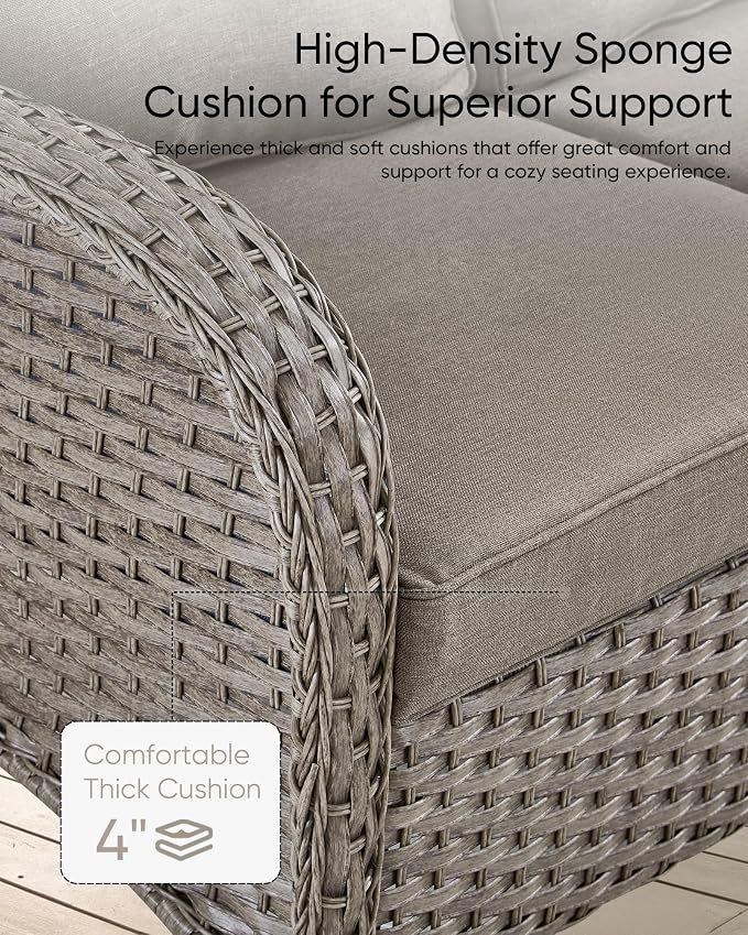 HUMMUH 7 Pieces Outdoor Furniture Set-All Weather Wicker Rattan Couch with Outdoor Rocking Chair Patio Furniture for Deck Lawn Porch Balcony Poolside-Grey/Grey