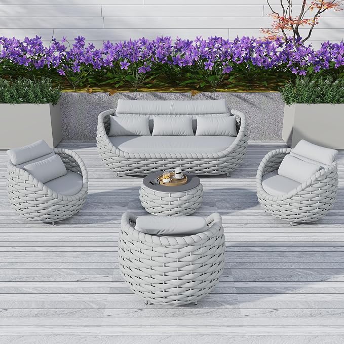 TWT Outdoor Patio Furniture Set-5 Pieces Aluminum Sectional Sofa, Metal Patio Conversation Set with Threeseat & Armchair, Textile Rope and Coffee Table, Light Grey