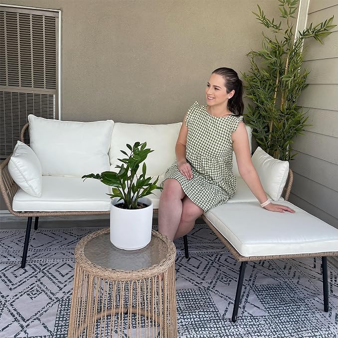 YITAHOME Rope Woven Sectional L-Shaped Sofa, 3 Pieces Patio Furniture Set for Patio Backyard Poolside, Wicker Conversation Set with Cushions, Detachable Lounger, Side Table - Beige