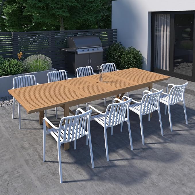 Urban Elements Frida Rectangular Extendable Patio Furniture Set | 100% Certified Teak Finish | Backyard Furniture, Outside Table and Chairs, Rectangular Outdoor Dining Set (White, 9-Piece)