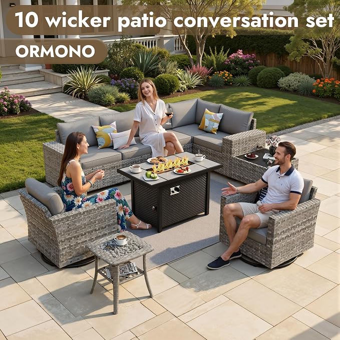 10 Pieces Outdoor Patio Sectional, Wicker Patio Furniture Set with 42 inch Fire Pit Table, All-Weather L Shaped Patio Conversation Set with Swivel Chairs, for Backyard Porch Yard,Dark Grey