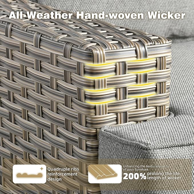 CAODOC Patio Furniture Sets 12 Pieces Outdoor Sectional Rattan Sofa Manual Weaving Wicker Patio Conversation Set with Ottomans and T Cushion(Dark Gray)