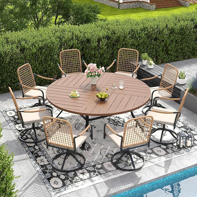 DIFY 9 Pieces Outdoor Dining Set, Metal Patio Table and Chairs Set for 8, 63" Round Dining Table with Umbrella Hole & Wicker Swivel Patio Chairs with Cushions, Walnut Tabletop