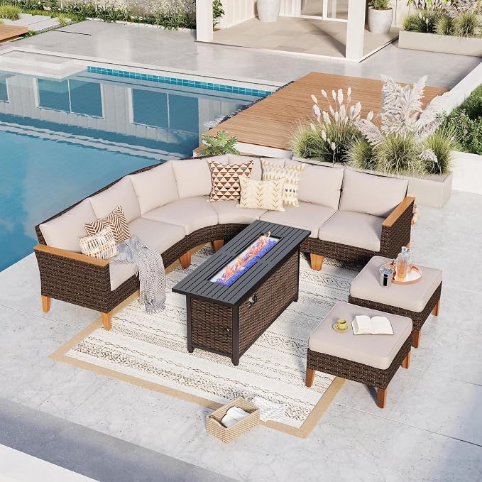 GREEN PARTY 8 Pieces Wicker Patio Furniture Set with 56" Fire Pit Table, All-Weather Outdoor Rattan Patio Half-Moon Curved Sectional Sofa Conversation Set for Garden, Backyard