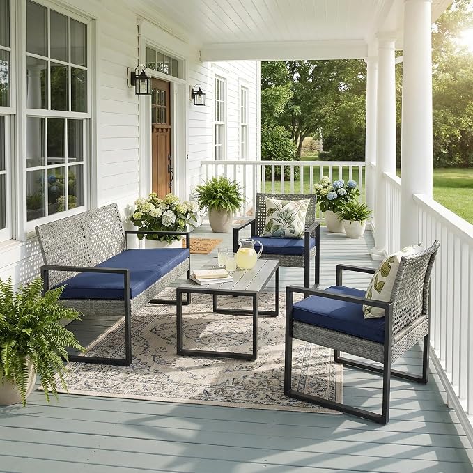 OVENTA Outdoor Patio Furniture Set, 4 Piece Rattan Chairs with Coffe Table for Backyard, Balcony, Deck, Front Porch, Patio Conversation Seating Sets for Outside, Juego Muebles de Exterior(Light Gray)