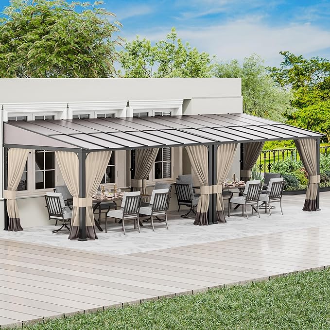 10' x 28' Lean to Gazebo,Large Wall Mount Heavy Duty Gazebos Pavilion,Outdoor Hardtop Pergola Shelter with Curtains and Netting,Sunshade for Patio Garden Lawn Backyard Deck,Brown