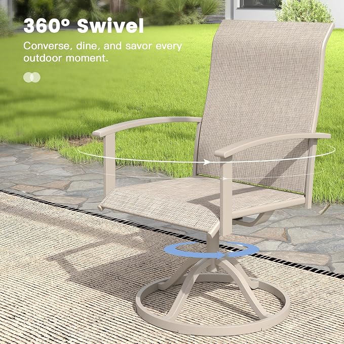 VICLLAX 5 Pieces Patio Outdoor Dining Set, 4 Swivel Textilene Chairs and 40.6" Round Metal Table with Umbrella Hole for Porch, Deck, Garden, Sandshell