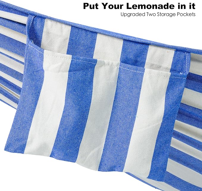 GAFETE Double Hammock with Stand for Outside, Upgraded Spreader Bar, Heavy Duty Space Saving Steel Stand 2 Person, Convenient Pockets, 600lbs Weight Capacity, Indoor & Outdoor (Blue & White)