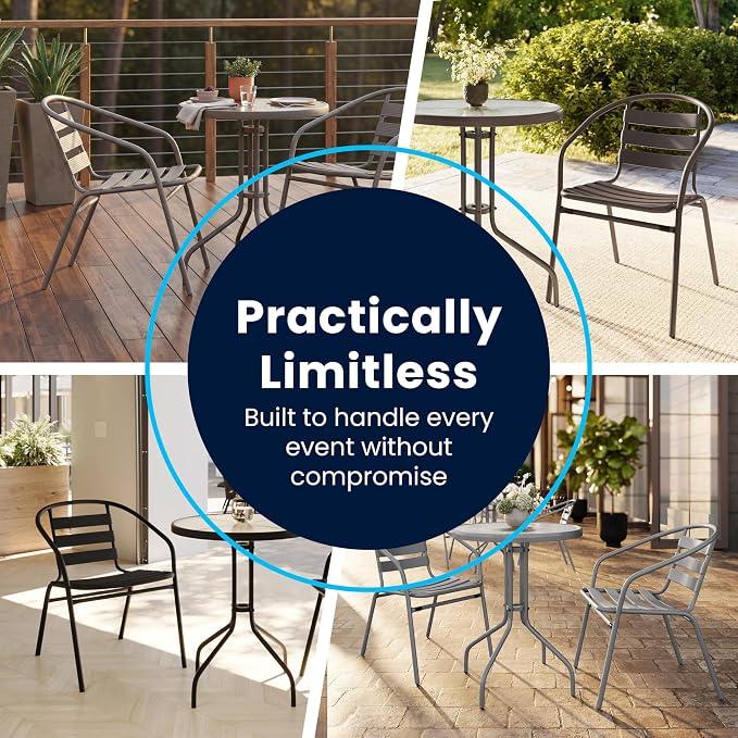 EMMA + OLIVER Patio Table & Chairs Set - Rectangular Metal Table with Tempered Glass Top - 4 Black Aluminum Stacking Chairs - All Weather for Indoor/Outdoor Use
