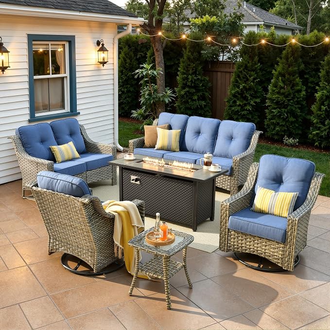 6 Piece Patio Furniture Set with Fire Pit Table, Conversation Sets with High Back Swivel Rocker Chairs, Outdoor Wicker Sofa Loveseat with Comfy Cushion for Backyard Deck Garden, Sapphire Blue