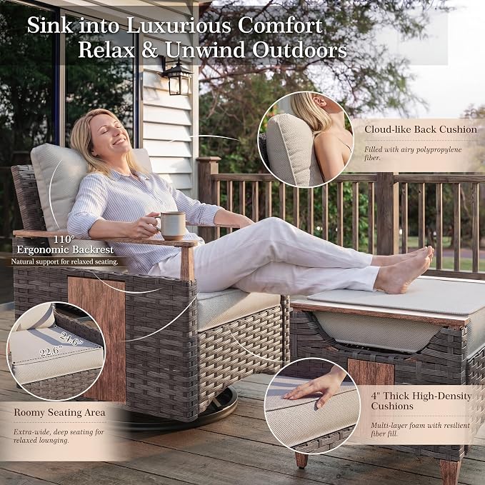 Nestnook 6 Pieces Patio Furniture Set, Outdoor All-Weather Handwoven PE Wicker Swivel Chairs, Conversation Set with Coffee Table, Sofa with Thick Cushion & Ottoman for Backyard, Deck & Poolside, Beige