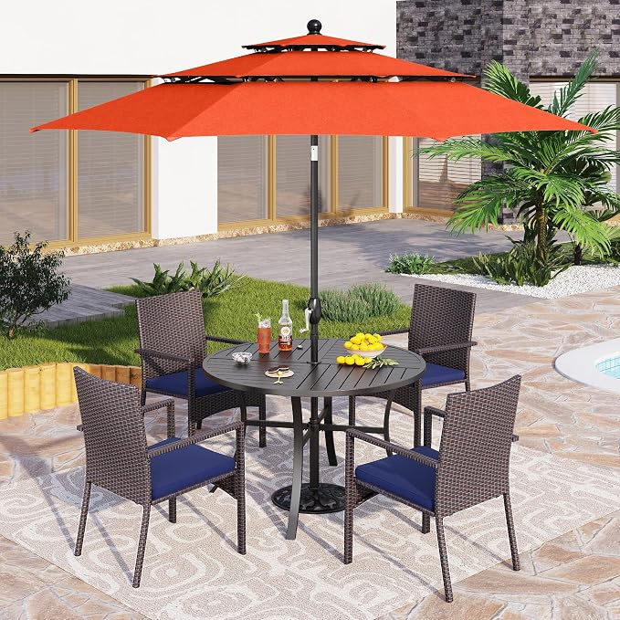 PHI VILLA 5pc Patio Dining Set with Umbrella, Round Table, Rattan Chairs | Includes 42" Round Metal Table, 4 Cushioned Rattan Chairs and 10ft Red umbrella. Perfect for patio, deck, yard, or porch