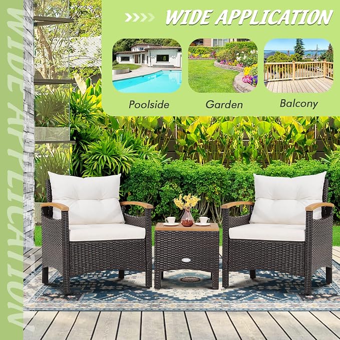 Tangkula 3-Piece Patio Furniture Set, Patiojoy Outdoor Rattan Sofa Set with Coffee Table, Patio Conversation Set with Removable Cushion, Cozy Acacia Wood Armrests for Backyard, Poolside (Off White)